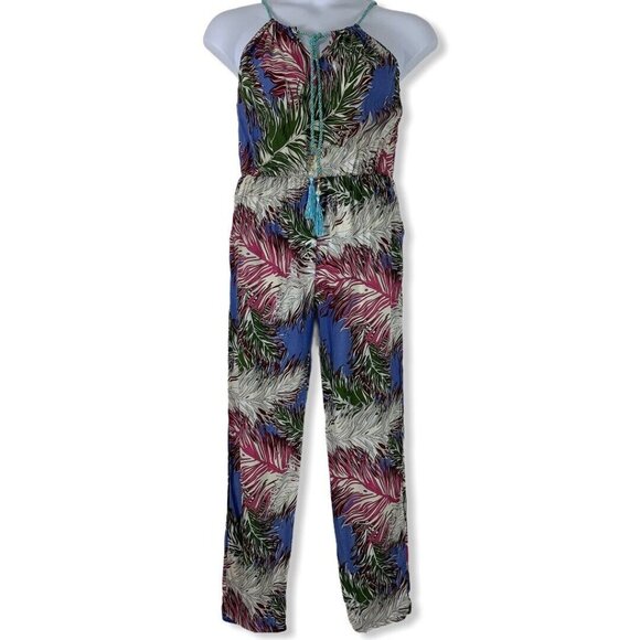 Size Small Jumpsuit Floral Foliage Sleeveless Blue Pink Adjustable Ananxianzi - Picture 2 of 7